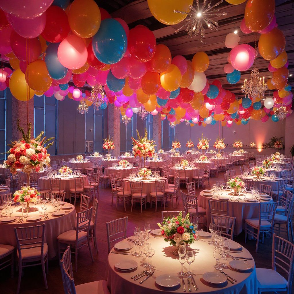 Themed party decoration setup with vibrant colors